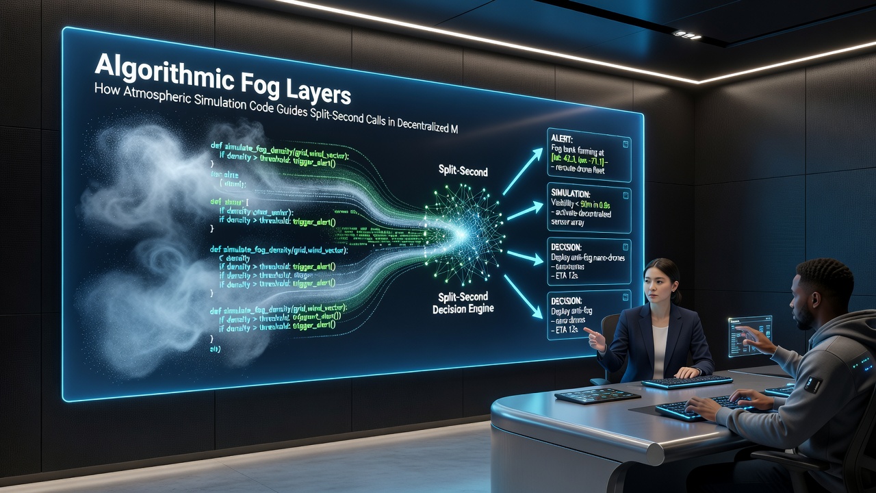Squad members reviewing real-time fog layer data streams during a mobile esports session with decentralized network indicators visible