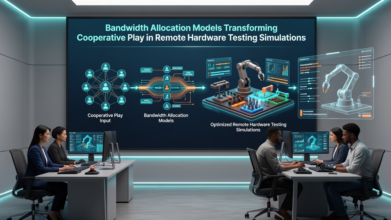 Distributed engineering team monitoring remote hardware test results with real-time bandwidth allocation overlays