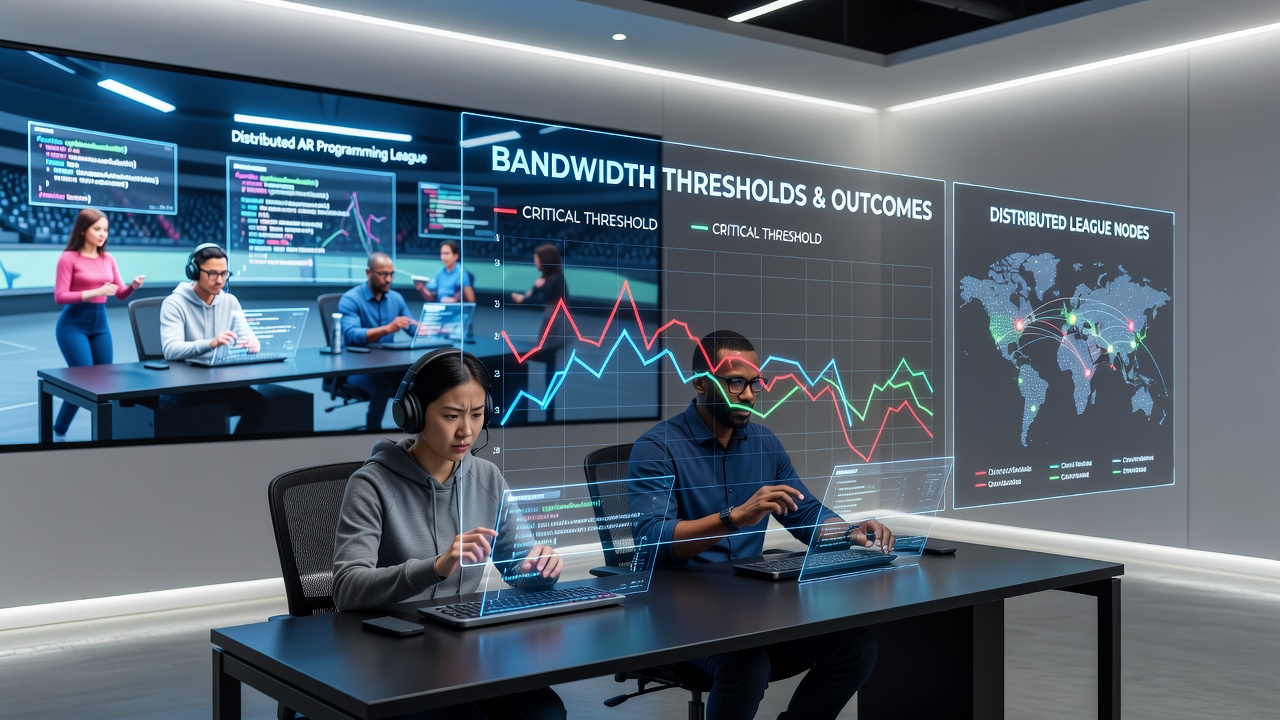 Remote teams engaged in AR coding competition with visible network monitoring overlays