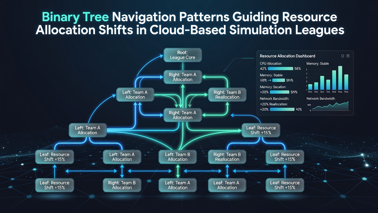 Illustration of resource allocation shifts managed through binary tree navigation in cloud simulation leagues