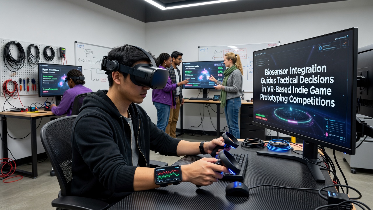 Team lead reviewing synchronized biosensor dashboards and VR prototype metrics during a live competition round