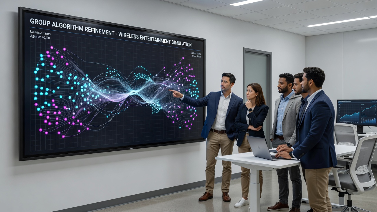 Group of competitors collaborating on algorithm parameters inside a shared browser simulation during a wireless event