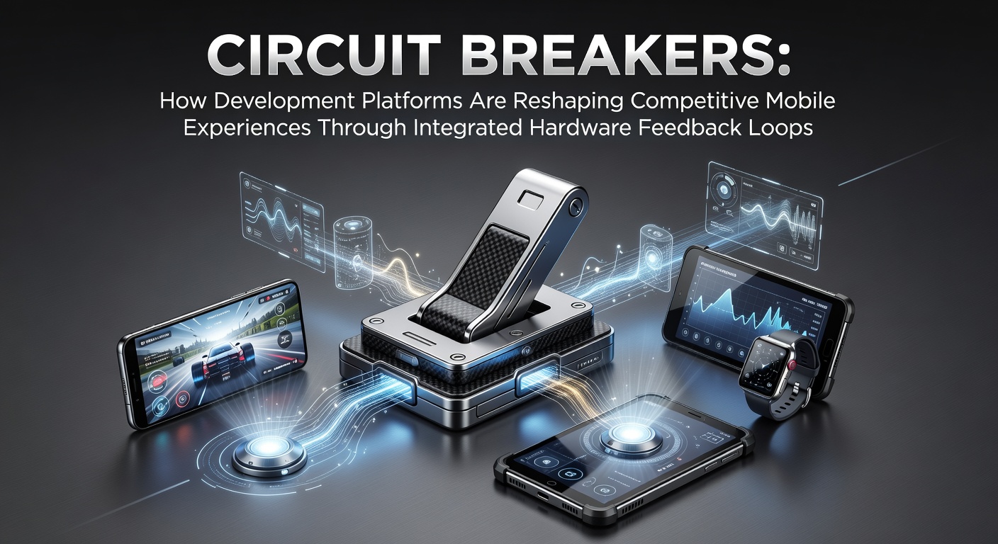 Mobile development platform interface showing hardware sensor integration and feedback loop diagrams for competitive gaming apps