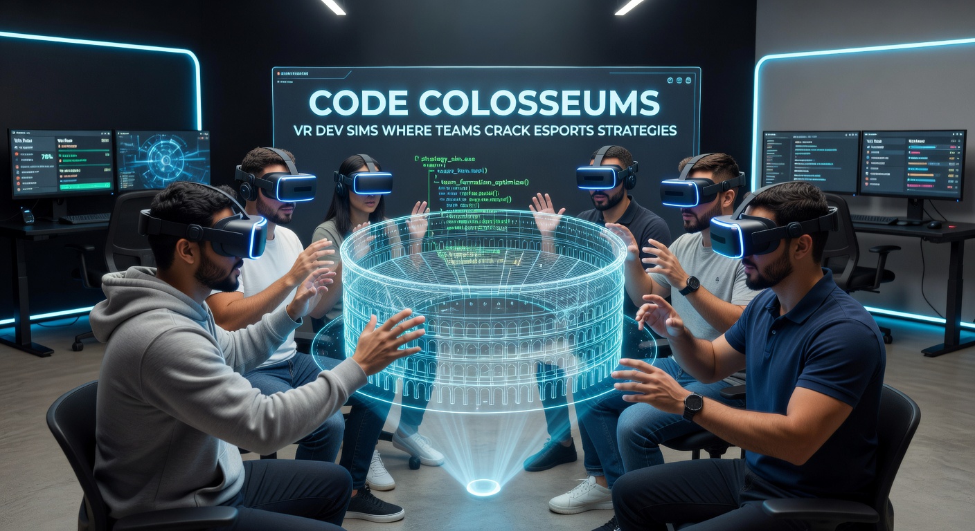 Teams immersed in a vibrant VR colosseum, coding strategies on holographic displays amid cheering digital crowds