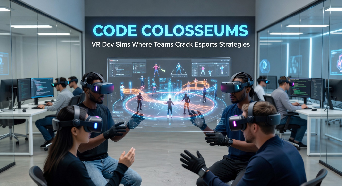 Close-up of a coder's hands gesturing in VR, manipulating glowing code strands to counter an advancing AI enemy wave