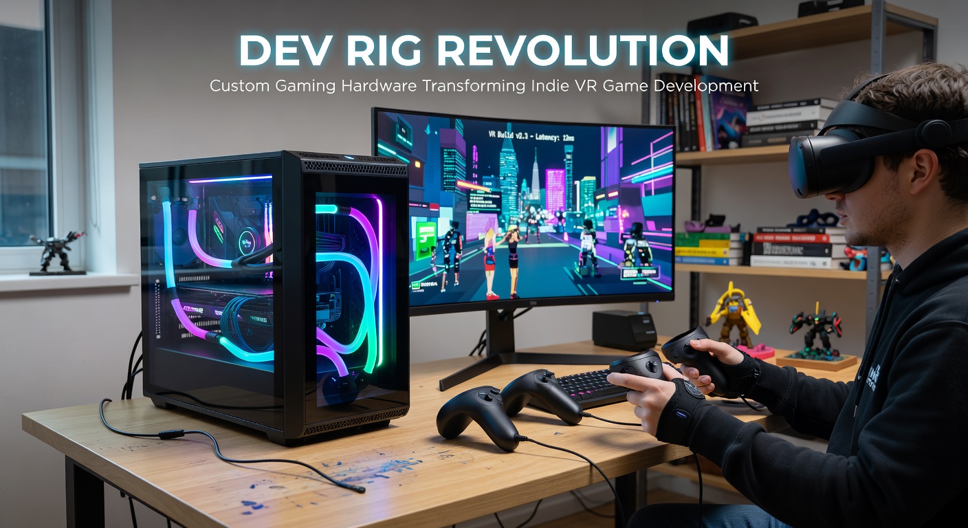 A sleek custom dev rig setup with VR headsets, high-end GPUs, and modular components glowing under RGB lighting in a compact indie studio workspace