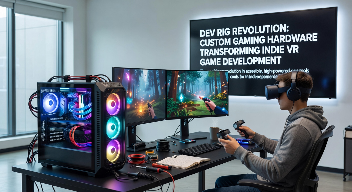 Indie developer adjusting a custom VR dev rig with exposed cabling, multiple monitors displaying frame rate graphs, and a headset mounted nearby in a bustling home office setup
