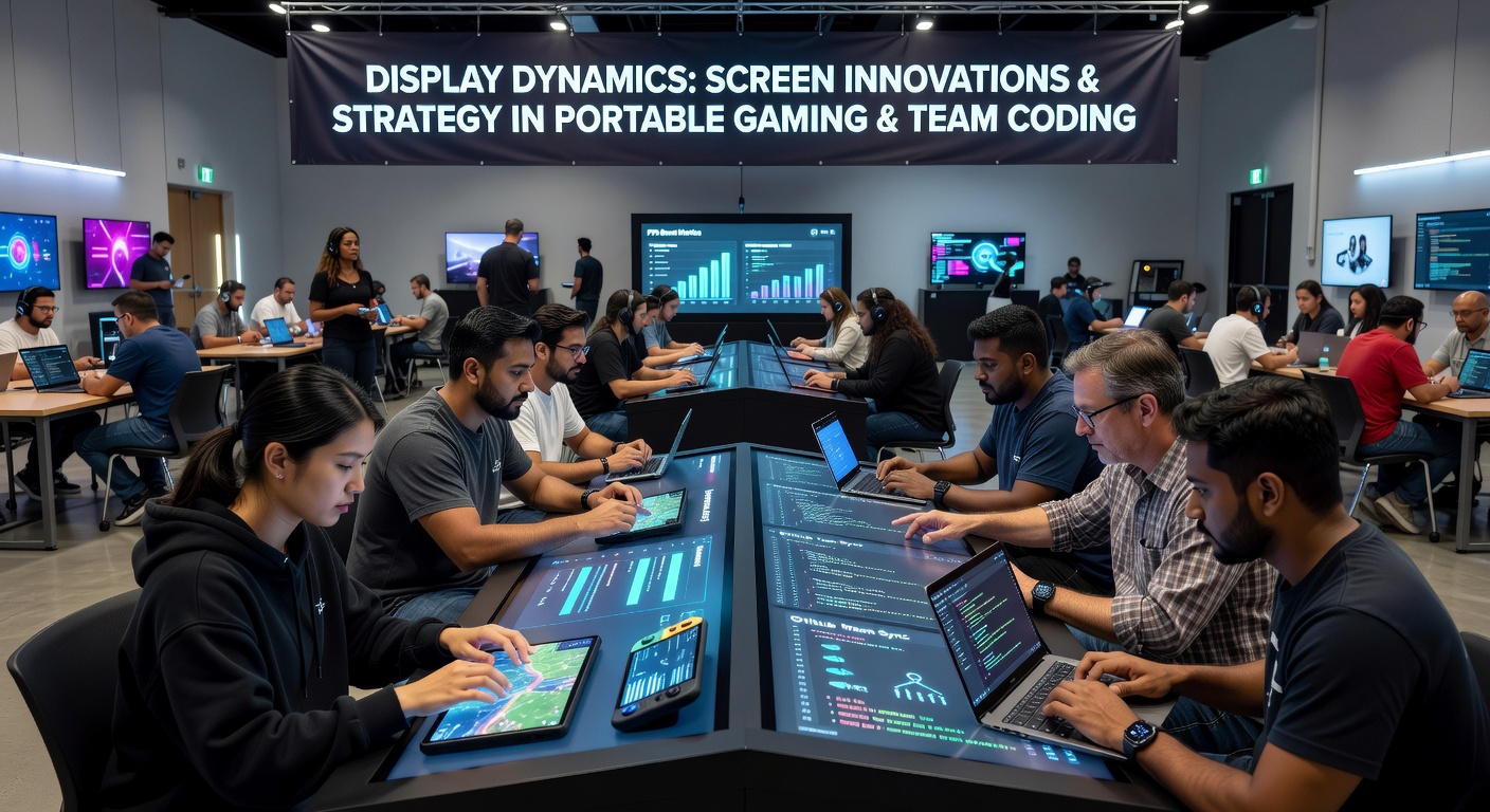 Close-up of a high-refresh-rate portable display showing vibrant graphics during a mobile gaming session with team overlays