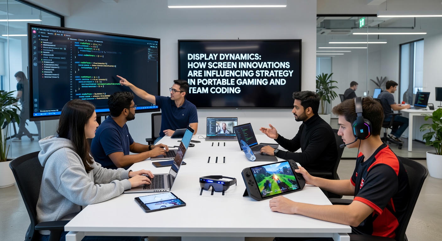 Team members collaborating around multiple foldable portable screens during a coding competition event