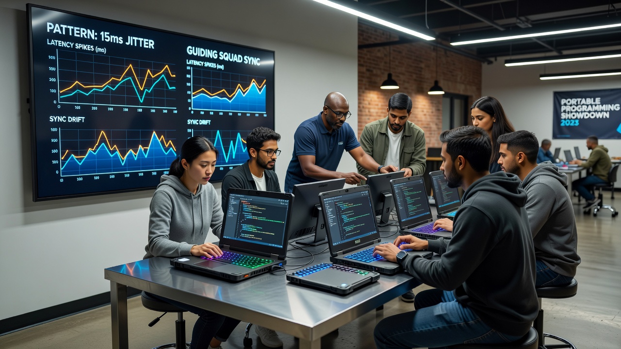 Close-up of team members monitoring multiple portable screens during a coding showdown with latency pattern overlays