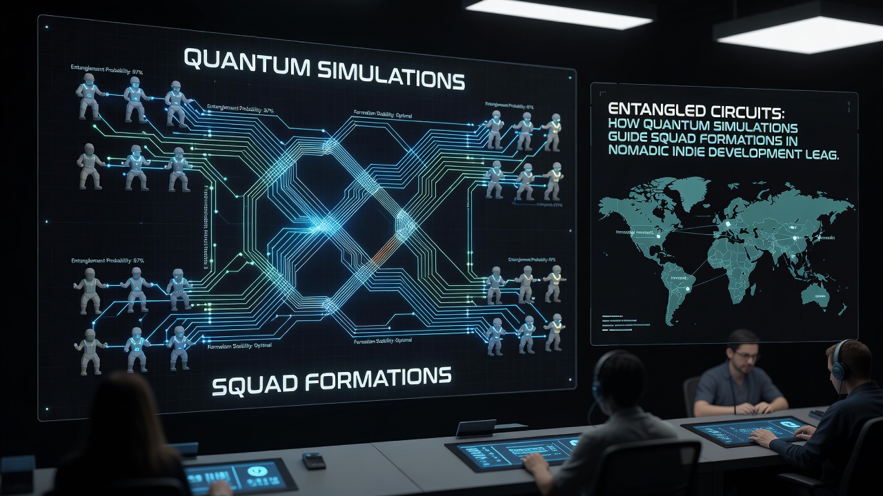 Nomadic league participants reviewing quantum simulation outputs on portable terminals while adjusting squad positions at an outdoor venue