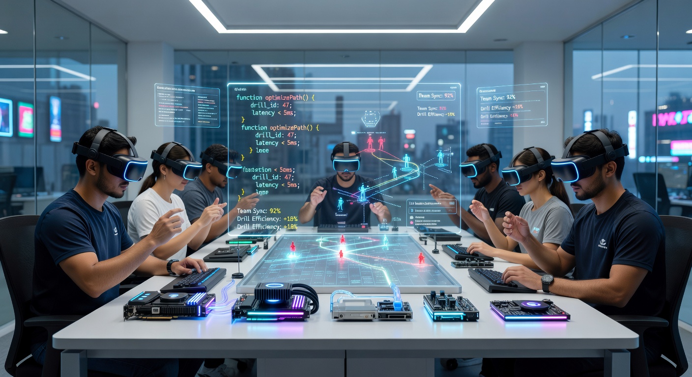AR esports team members engaging with hardware-enhanced coding drills in a collaborative training space