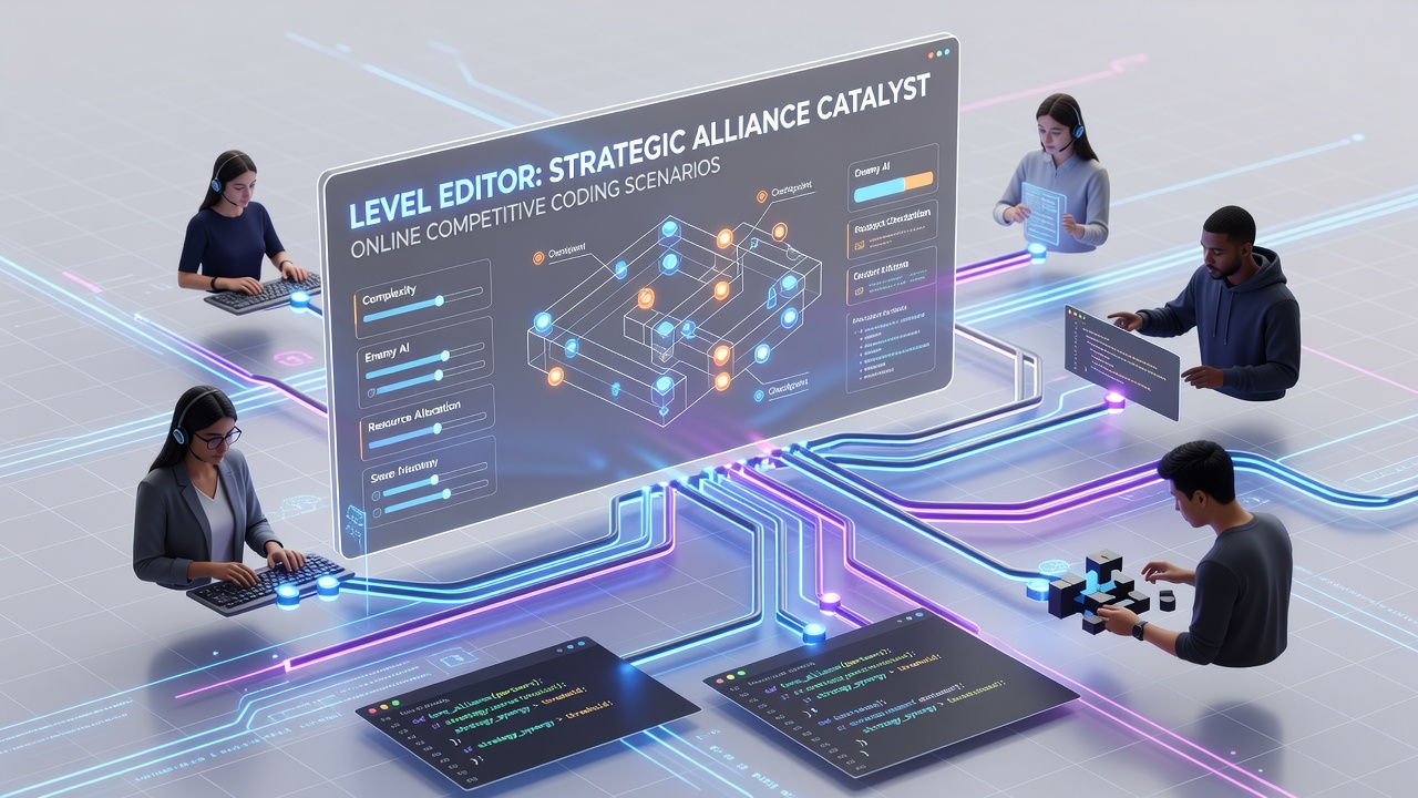 Detailed view of a level editor workspace with multiple coders contributing scripts
