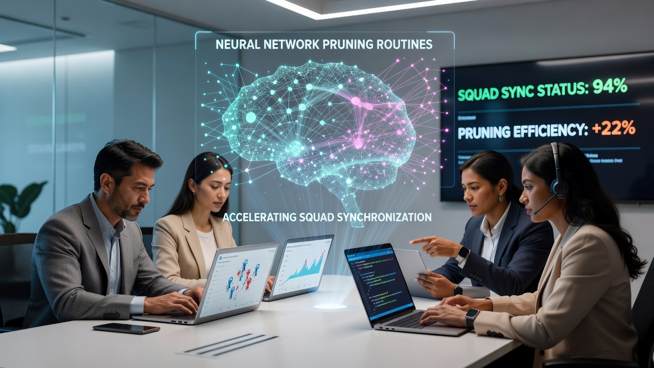 Distributed team members on laptops collaborating in a strategy simulation with pruning algorithm diagrams visible on secondary screens
