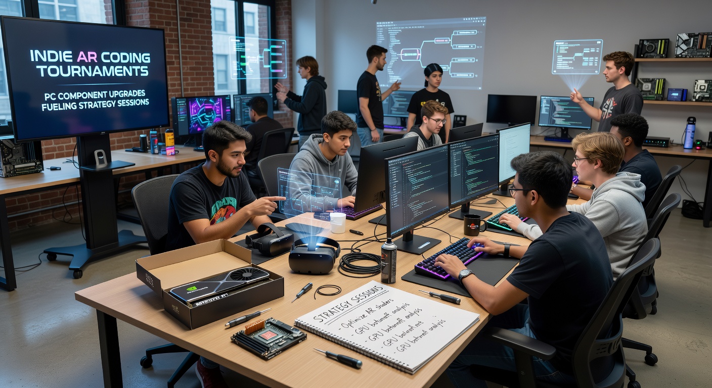 Team reviewing AR overlays during an indie coding tournament strategy meeting