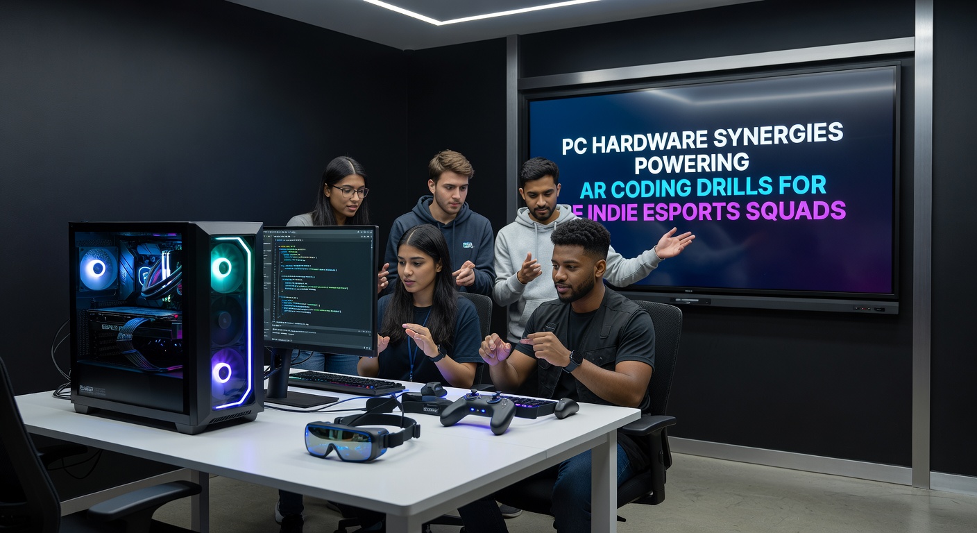 Indie esports squad members engaged in AR coding drills using synchronized PC hardware setups