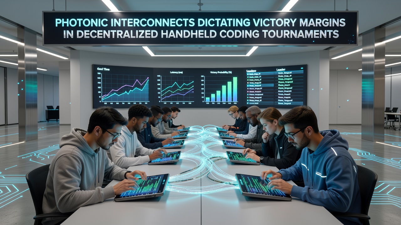 Close-up view of decentralized handheld devices exchanging data via photonic links in a tournament environment