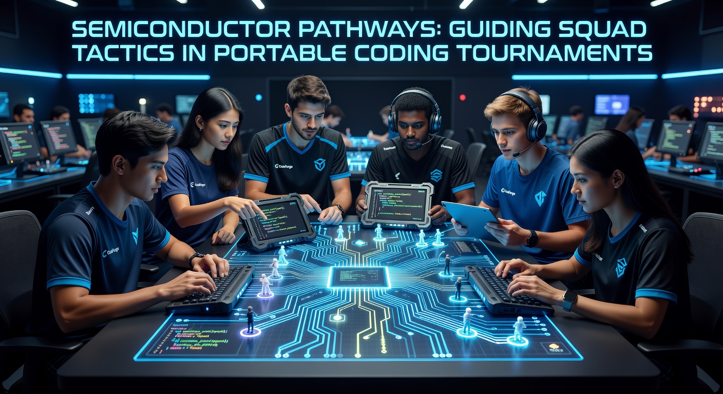 Semiconductor chip layouts overlaid on mobile coding tournament interface showing tactical pathways