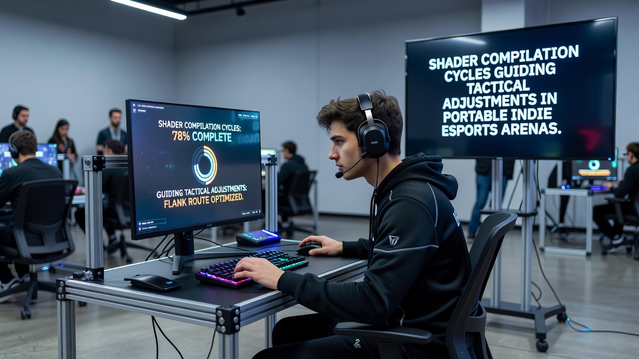Teams analyzing compilation metrics on handheld devices in an esports arena