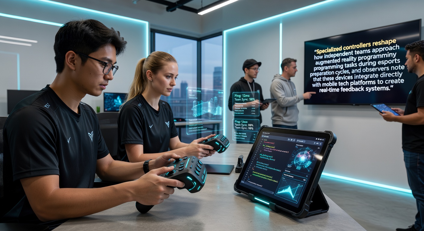 Specialized AR controller paired with mobile device during team esports practice session